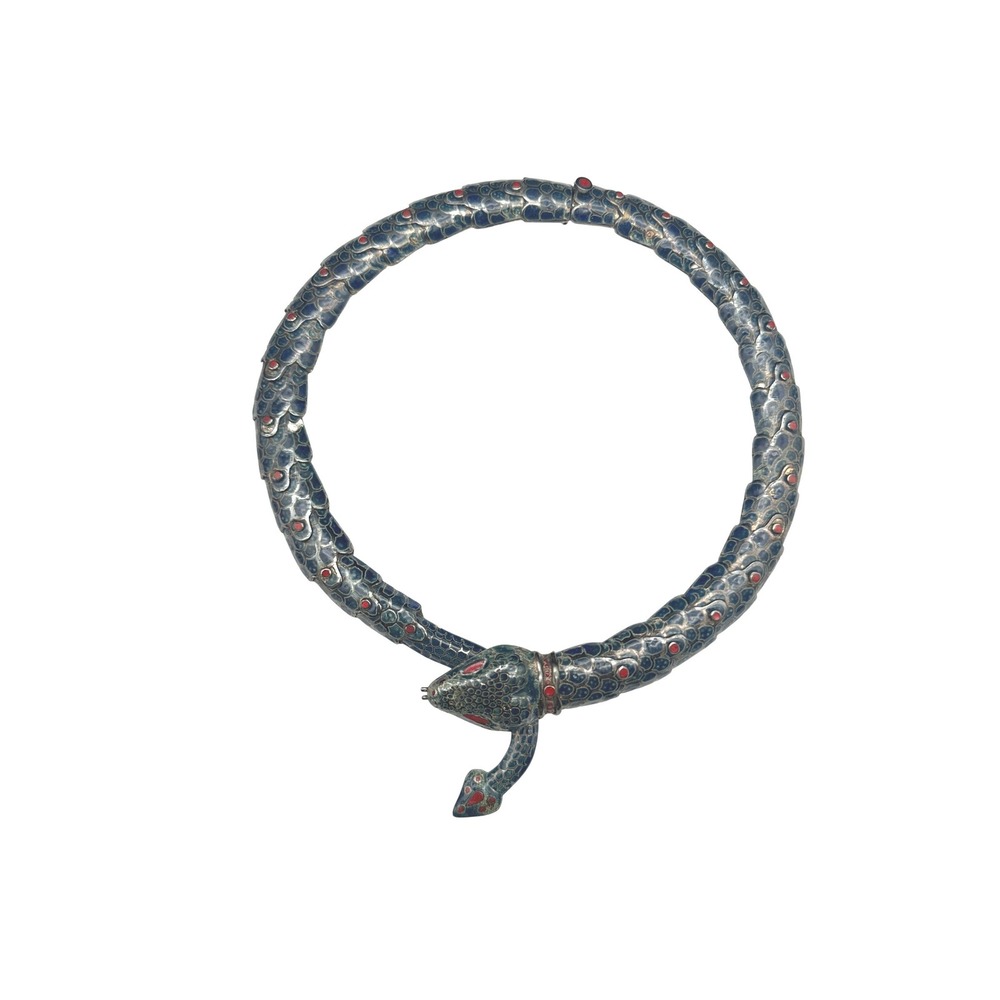 Margot de Taxco Mexico 925 Sterling Blue Enamel Snake Serpant Choker Necklace